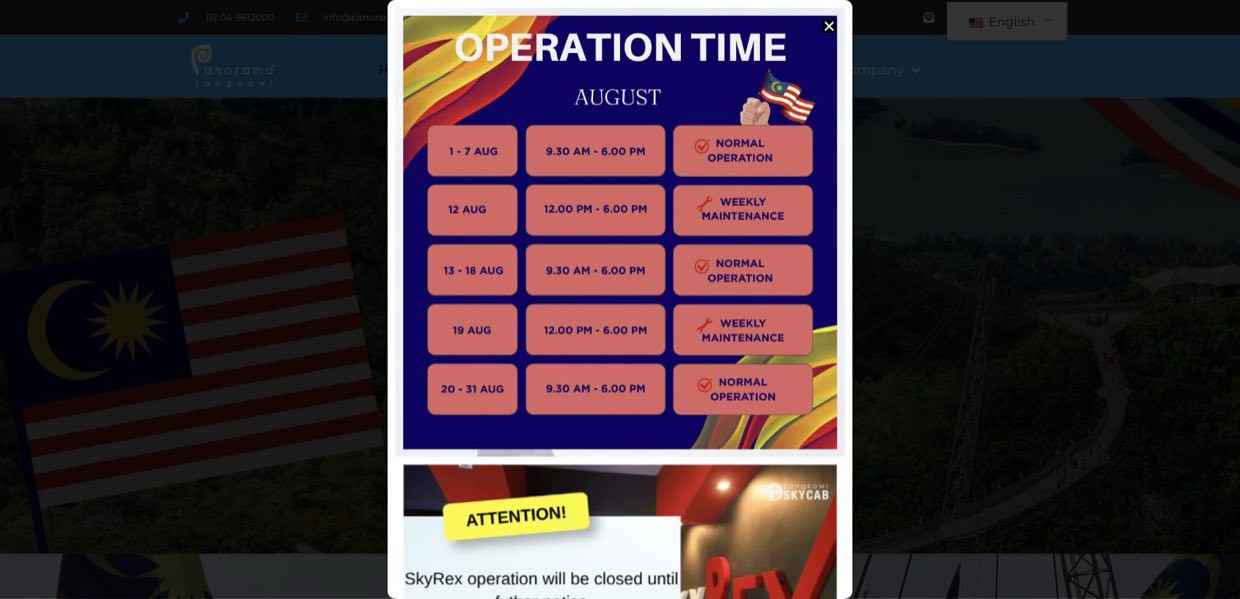 The Panorama Langkawi homepage on load, entirely covered by a full-screen image modal showing August operating hours and a SkyRex closure notice.
