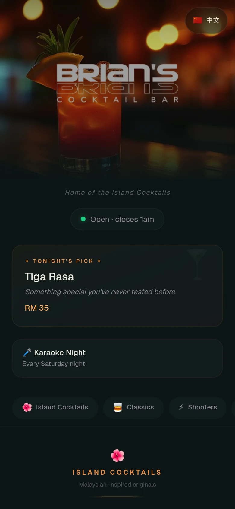 The public menu for Brian's Cocktail Bar, showing Island Cocktails, Classics, Shooters, Beer, Wine, Spirits, and Non-Alcoholic sections with prices in Malaysian ringgit.