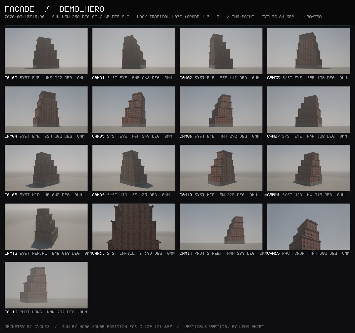 Contact sheet of seventeen rendered camera angles of the same building
