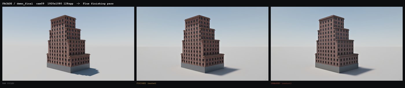 Three renders side by side: raw, finished with mask, and unmasked control