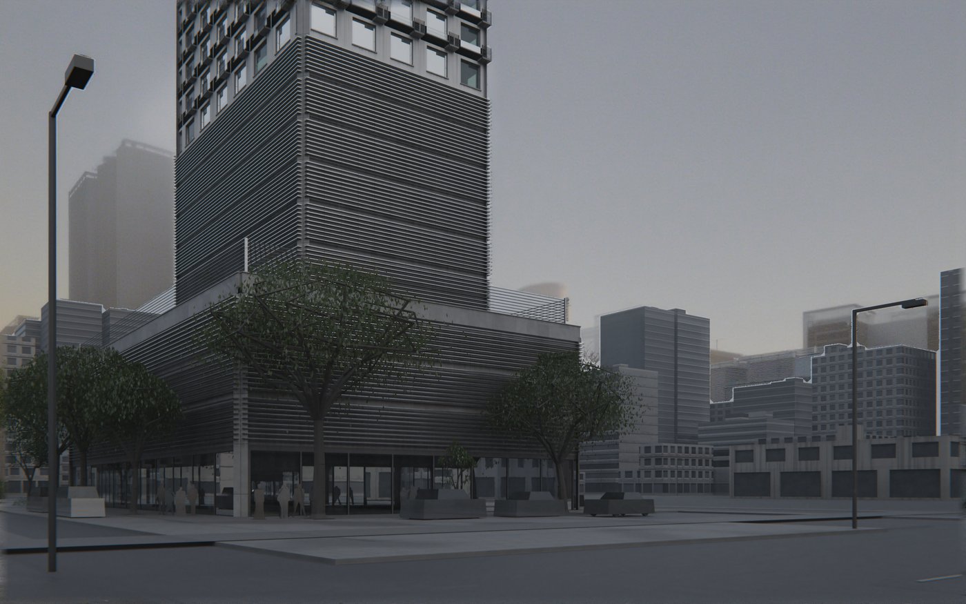 Photorealistic dusk street view of a tower with a horizontal louvred facade above a podium