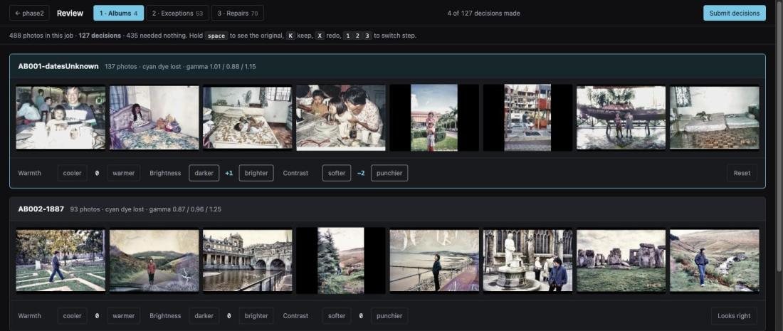 Review screen showing strips of photographs with simple correction controls