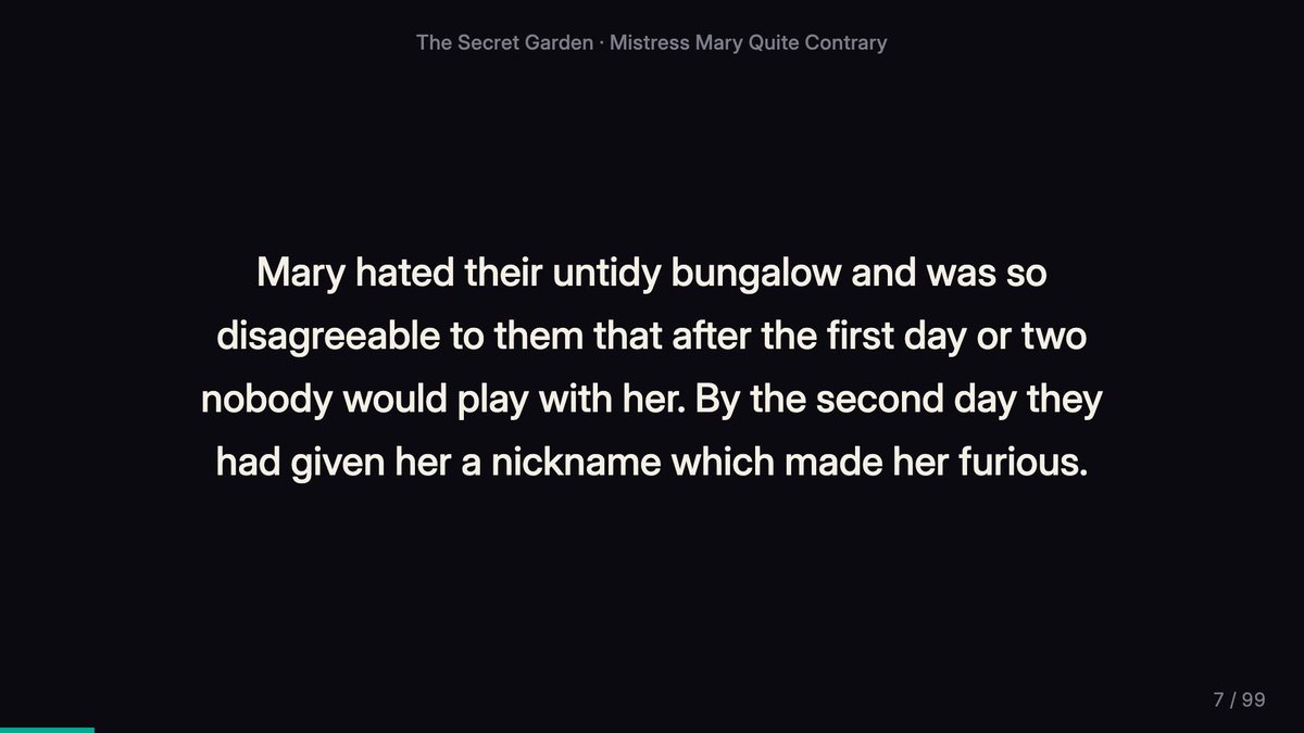 A chapter playing on screen: large cream text on a dark background with the book and chapter title above